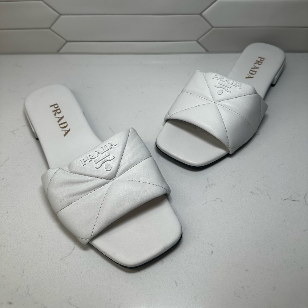 Prada White Quilted Leather Logo Slide Sandal Women’s Size 38.5